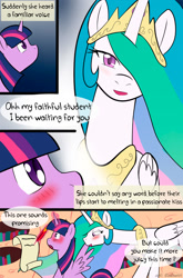 Size: 845x1280 | Tagged: safe, artist:caluriri, princess celestia, twilight sparkle, twilight sparkle (alicorn), alicorn, pony, comic, fanfic, female, lesbian, mare, shipping, twilestia