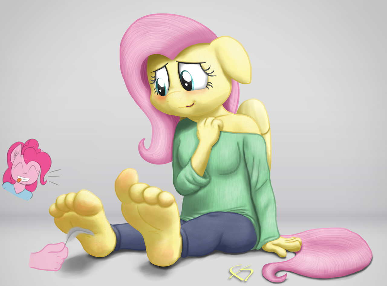 311702 - suggestive, artist:facelesssoles, fluttershy, pinkie pie, anthro,  plantigrade anthro, breasts, clothes, duo, feather, feet, fetish, floppy  ears, foot fetish, foot focus, looking away, sitting, tickle fetish,  tickling - Ponybooru