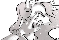 Size: 1127x773 | Tagged: safe, artist:gsphere, princess celestia, human, disgusted, grayscale, hand, monochrome, pov, wristwatch