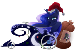 Size: 1569x1061 | Tagged: safe, artist:rouletteobsidian, princess luna, alicorn, pony, christmas, christmas lights, hat, santa hat, sleigh