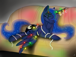 Size: 3200x2400 | Tagged: safe, artist:groovebird, princess luna, alicorn, pony, christmas, christmas lights, cute, eyes closed, ribbon, smiling, sofa, solo