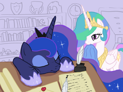 Size: 800x600 | Tagged: safe, artist:arrkhal, princess celestia, princess luna, alicorn, pony, blanket, mouth hold, nap, quill, scroll, sleeping, writing