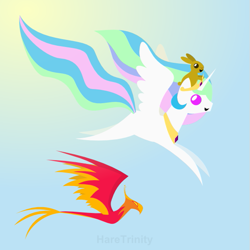 Size: 601x601 | Tagged: safe, artist:haretrinity, philomena, princess celestia, alicorn, pony, rabbit, flying, pointy ponies