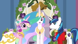 Size: 1600x900 | Tagged: safe, edit, edited screencap, screencap, princess cadance, princess celestia, shining armor, alicorn, pony, unicorn, a canterlot wedding, inverted mouth