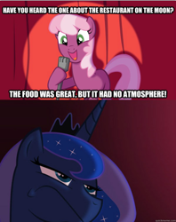 Size: 536x676 | Tagged: safe, cheerilee, princess luna, alicorn, pony, cheerilee pun, exploitable meme, frown, image macro, luna is not amused, meme, pun, tough critic luna, unamused