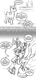 Size: 700x1493 | Tagged: safe, artist:archonix, princess celestia, oc, oc:star sparkle, alicorn, pigeon, pony, fanfic:xenophilia, askstarsparkle, monochrome, sketch, statue