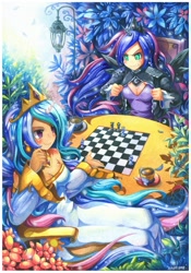 Size: 770x1102 | Tagged: safe, artist:emperpep, princess celestia, princess luna, human, breasts, checkmate, chess, cleavage, horned humanization, humanized, table, tabletop game, tea, traditional art, watercolor painting, winged humanization