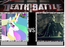 Size: 848x616 | Tagged: safe, princess celestia, alicorn, pony, albert wesker, death battle, equestria is doomed, resident evil, this will end in death, wesker