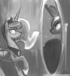 Size: 735x788 | Tagged: safe, artist:johnjoseco, nightmare moon, princess luna, alicorn, pony, grayscale, mirror, monochrome