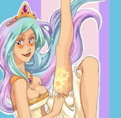 Size: 335x325 | Tagged: safe, artist:zoe-productions, princess celestia, cleavage, female, humanized, looking at you, skinny, smiling, solo, tattoo