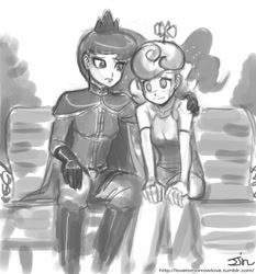 Size: 735x788 | Tagged: safe, artist:johnjoseco, princess luna, screwball, human, cape, clothes, grayscale, hat, humanized, military uniform, monochrome, propeller hat, swirly eyes, uniform, warrior luna