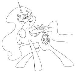 Size: 884x835 | Tagged: safe, artist:defective, princess celestia, alicorn, pony, female, horn, mare, monochrome, solo