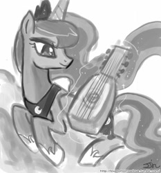 Size: 735x788 | Tagged: safe, artist:johnjoseco, princess luna, alicorn, pony, grayscale, lute, monochrome, solo