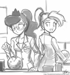 Size: 735x788 | Tagged: safe, artist:johnjoseco, allie way, princess luna, human, bowling ball, glasses, grayscale, humanized, laboratory, monochrome, science, scientist