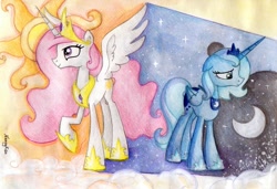 Size: 1615x1104 | Tagged: safe, artist:nancyksu, princess celestia, princess luna, alicorn, pony, contrast, pink-mane celestia, s1 luna, traditional art, younger