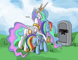 Size: 910x700 | Tagged: safe, artist:zadrave, edit, princess celestia, rainbow dash, alicorn, pegasus, pony, butt, celestia's grave meme, duo, exploitable meme, female, grave, gravestone, hoof shoes, implied death, mare, meme, plot, side hug, xbox one