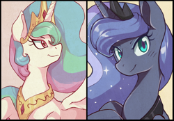 Size: 1428x994 | Tagged: safe, artist:sallymon, princess celestia, princess luna, alicorn, pony, female, looking at you, mare, open mouth, smiling