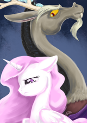 Size: 744x1052 | Tagged: safe, artist:dawnallies, discord, princess celestia, alicorn, pony, dislestia, female, filly, male, sad, shipping, straight