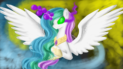 Size: 1920x1080 | Tagged: safe, artist:sakurawolfer, princess celestia, alicorn, pony, dark magic, smiling, solo, sombra eyes