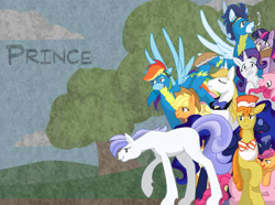 Size: 673x500 | Tagged: safe, artist:crowneprince, applejack, carrot cake, pinkie pie, prince blueblood, princess luna, rainbow dash, rarity, scootaloo, soarin', twilight sparkle, oc, alicorn, earth pony, pegasus, pony, unicorn, female, male, pie, shipping, soarindash, straight