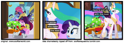 Size: 1200x420 | Tagged: safe, bags valet, princess celestia, rarity, alicorn, pony, unicorn, a softer world, atlas, bellhop pony, sluggage