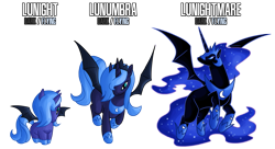 Size: 1413x770 | Tagged: safe, artist:masterthecreater, nightmare moon, princess luna, alicorn, bat pony, bat pony alicorn, pony, cute, evolution, evolution chart, female, filly, lunar trinity, mare, nintendo, pokémon, woona