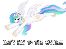 Size: 960x720 | Tagged: safe, artist:meewin, princess celestia, alicorn, pony, angry, fangs, female, floppy ears, flying, frown, glare, let's fly to the castle, mare, open mouth, simple background, solo, spread wings, text, white background, wings