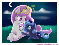 Size: 1700x1300 | Tagged: safe, artist:annakitsun3, princess celestia, princess luna, alicorn, pony, cute, filly, moon, night, sisters, woona