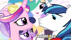 Size: 720x405 | Tagged: safe, princess cadance, princess celestia, shining armor, twilight sparkle, unicorn twilight, alicorn, pony, unicorn, brother, clothes, crown, dialogue, female, horn, image macro, jewelry, looking at each other, male, mare, multicolored mane, open mouth, pink coat, purple coat, purple eyes, regalia, siblings, sister, smiling, spread wings, stallion, tonight you, two toned mane, wedding, white coat, white wings, wings