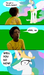 Size: 761x1278 | Tagged: safe, princess celestia, human, austin reid, bedroom eyes, chat bubble, comic, comic sans, dialogue, irl, irl human, norbit, photo, princess molestia, rapeface, waifu