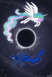 Size: 1280x1885 | Tagged: safe, artist:king-kakapo, princess celestia, princess luna, alicorn, pony, contrast, cute, eclipse, female, flying, happy, mare, missing accessory, open mouth, royal sisters, siblings, sisters, smiling, solar eclipse, spread wings