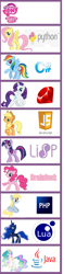 Size: 301x1300 | Tagged: safe, applejack, derpy hooves, fluttershy, princess celestia, princess luna, rainbow dash, rarity, twilight sparkle, alicorn, earth pony, pegasus, pony, unicorn, brainfuck, chart, female, java (language), mane six, mare, programming, python (language), ruby (language)