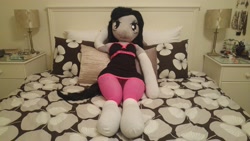 Size: 5312x2988 | Tagged: safe, artist:bigsexyplush, artist:somethingaboutoctavia, octavia melody, anthro, anime, anthro plushie, bed, bedroom eyes, clothes, cute, doll, dress, irl, lying, lying down, magical girl, on back, pajamas, panties, pantyhose, photo, pillow, plushie, pose, shy, skirt, socks, stockings, thunder thighs, toy, underwear, wide hips