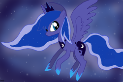 Size: 2304x1536 | Tagged: safe, princess luna, alicorn, pony, female, flying, horn, mare, solo, zorua570