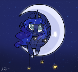 Size: 900x828 | Tagged: dead source, safe, artist:rannarbananar, princess luna, alicorn, pony, crescent moon, deviantart watermark, moon, obtrusive watermark, solo, stars, tangible heavenly object, transparent moon, watermark