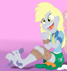 Size: 2175x2299 | Tagged: safe, artist:chaoskomori, derpy hooves, fluttershy, equestria girls, bondage, clothes, cropped, cute, feather, feet, female, fetish, foot fetish, foot focus, laughing, legs, necktie, open mouth, rope, rope bondage, sandals, skirt, socks, soles, solo focus, tickle torture, tickling