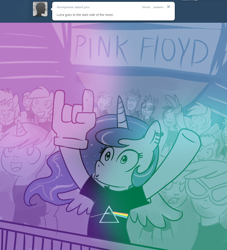 Size: 1000x1100 | Tagged: safe, artist:madmax, princess luna, alicorn, earth pony, pony, unicorn, album cover, band shirt, comic, concert, female, hipgnosis, madmax silly comic shop, mare, pink floyd, the dark side of the moon