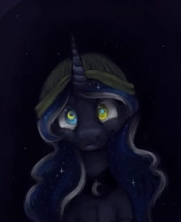 Size: 799x977 | Tagged: safe, artist:ferrettea, princess luna, alicorn, pony, beanie, dark, hat, heterochromia, solo, wingding eyes