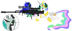 Size: 1346x594 | Tagged: safe, artist:gilgondorin, princess celestia, princess luna, queen chrysalis, alicorn, changeling, changeling queen, pony, as50, female, gun, hooves, horn, lying down, mare, open mouth, optical sight, rifle, simple background, sniper, sniper rifle, weapon, white background, wings