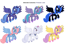 Size: 3600x2500 | Tagged: safe, artist:pika-robo, nightmare moon, princess luna, princess royal blue, princess starburst, princess tiffany, alicorn, pony, g1, g4, alternate costumes, female, g1 to g4, generation leap, hoof shoes, mare, palette swap, peytral, princess, princess ponies, recolor, s1 luna, simple background, spread wings, transparent background, vector, wings