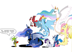 Size: 1024x744 | Tagged: source needed, useless source url, safe, artist:theguynooneremembers, fluttershy, princess celestia, princess luna, rainbow dash, rarity, dragon, angry, crossover, dragonified, dragonlestia, feathered dragon, flutterdragon, four winged dash, four wings, iggy koopa, latias, lunadragon, pokémon, ponified, rainbow dragon, raridragon, simple background, species swap, super mario bros., this will end in pain, white background