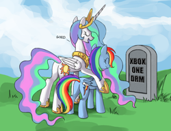 Size: 910x700 | Tagged: safe, princess celestia, rainbow dash, alicorn, pegasus, pony, butt, celestia's grave meme, exploitable meme, female, implied death, mare, plot, xbox one