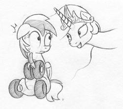 Size: 1131x1000 | Tagged: safe, artist:php87, princess celestia, oc, oc:wheely bopper, alicorn, original species, pony, banana, bedroom eyes, do you like bananas?, eye contact, floppy ears, frown, grayscale, grin, looking at each other, monochrome, princess molestia, rapeface, scared, sketch, smiling, sweat, traditional art, wheelpone, wide eyes
