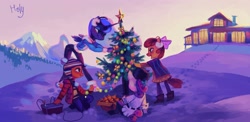 Size: 3448x1687 | Tagged: safe, artist:holivi, apple bloom, princess luna, scootaloo, sweetie belle, alicorn, anthro, earth pony, pegasus, plantigrade anthro, unicorn, bauble, bipedal, christmas tree, clothes, cutie mark crusaders, snow, tree, winter outfit