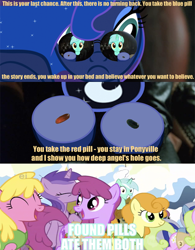 Size: 500x640 | Tagged: safe, lyra heartstrings, princess luna, alicorn, pony, and ate them, blue pill, comic, i found pills, irrational exuberance, mirrorshades, morpheus, pills, red pill, the matrix