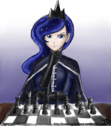 Size: 882x1000 | Tagged: safe, artist:johnjoseco, artist:michos, princess luna, human, cape, chess, clothes, colored, humanized, looking at you, military uniform, solo, thinking, uniform, warrior luna