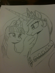 Size: 768x1024 | Tagged: safe, artist:johnjoseco, princess celestia, twilight sparkle, twilight sparkle (alicorn), alicorn, pony, female, lesbian, mare, monochrome, shipping, traditional art, twilestia