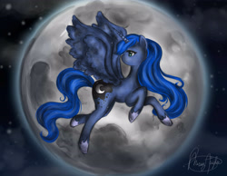 Size: 4000x3100 | Tagged: safe, artist:missyasylum, princess luna, alicorn, pony, flying, looking back, moon, solo