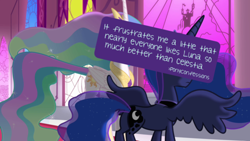 Size: 500x281 | Tagged: safe, princess celestia, princess luna, alicorn, pony, crown, female, horn, mare, pony confession, siblings, sisters