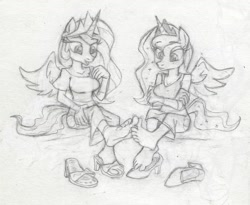 Size: 1298x1062 | Tagged: safe, artist:dertikleen, princess celestia, princess luna, anthro, barefoot, breasts, feet, fetish, foot fetish, footsie, traditional art